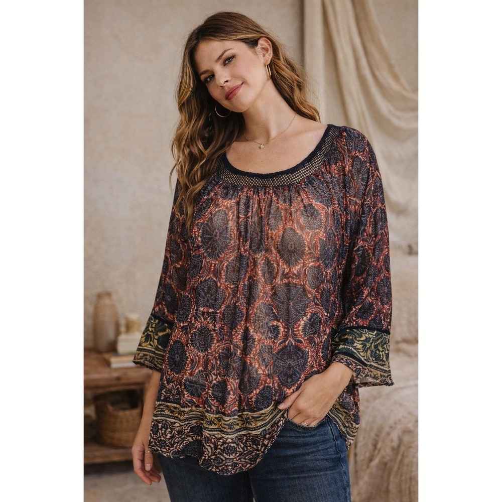 Q2 Tracy Reese Plenty By Boho Peasant Top Sheer Medium Tunic Shirt Women's